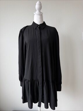 Black Long-Sleeve Button-Front Tiered Dress